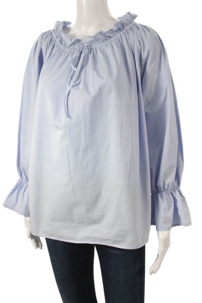 Designer Women Off the Shoulder Blue Cotton Long Sleeve Basic Blouse Size 44