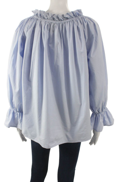 Designer Women Off the Shoulder Blue Cotton Long Sleeve Basic Blouse Size 44