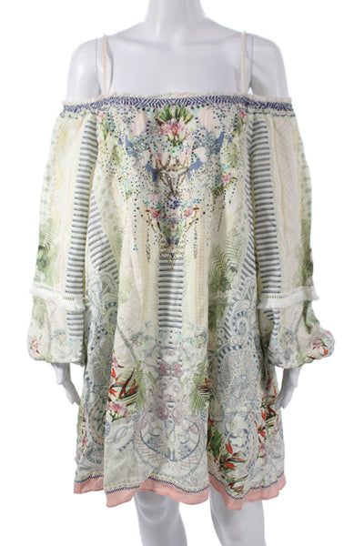 Camilla Womens Shift Dress Multicolor Floral Off Shoulder Long Sleeve Size M