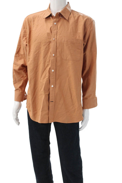 Club Monaco Mens Button Front Long Sleeve Collared Shirt Brown Cotton Size XL