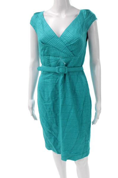 Kay Unger Womens Pencil Dress Green Silk V Neck Short Sleeve Zip Size 6