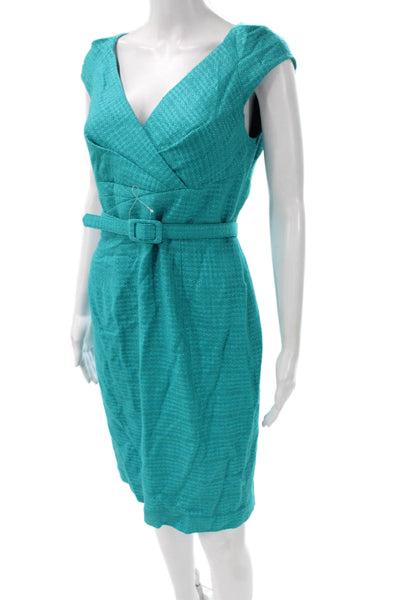 Kay Unger Womens Pencil Dress Green Silk V Neck Short Sleeve Zip Size 6
