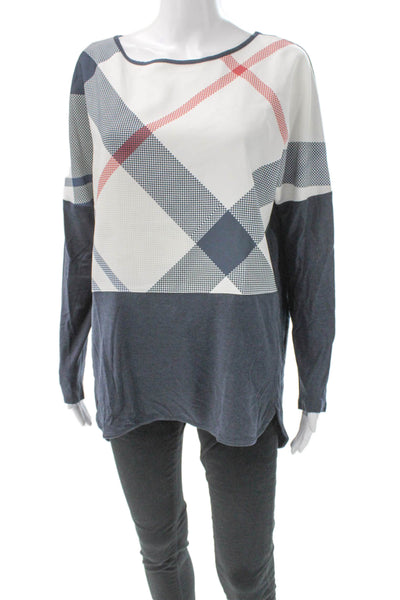 Barbour Women Boat Neck Long Sleeve Tartan Blue Polyester Pullover Top Size 6