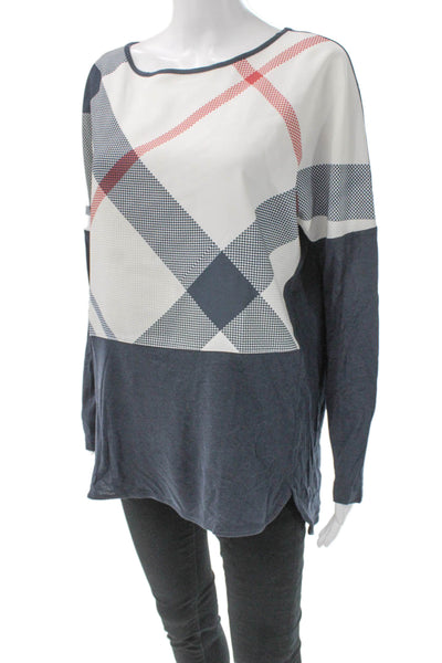 Barbour Women Boat Neck Long Sleeve Tartan Blue Polyester Pullover Top Size 6