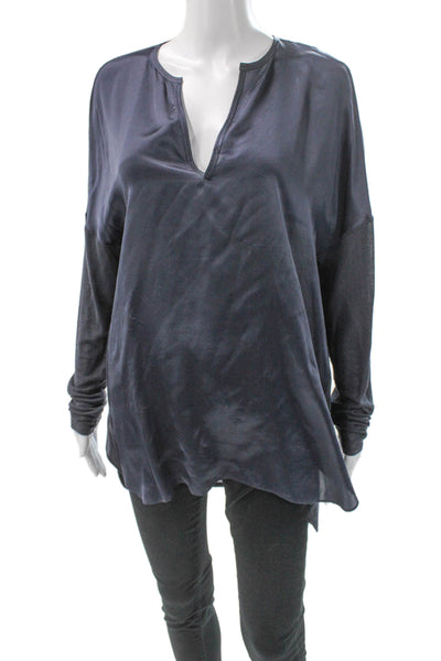 Vince Womens Satin V-Neck Tunic Blouse Long Sleeve Blue Size M