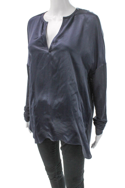 Vince Womens Satin V-Neck Tunic Blouse Long Sleeve Blue Size M