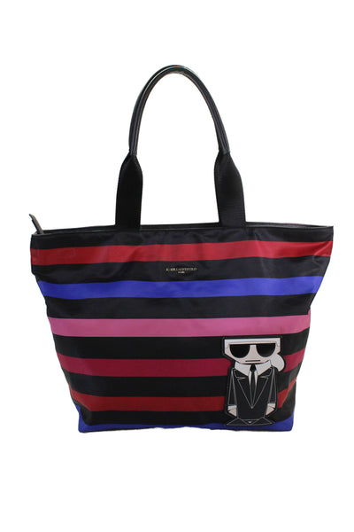 Karl Lagerfeld Womens Striped Leather Trim Large Tote Bag Handbag Multicolor