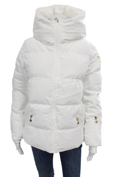 Designer Women Puffer Jacket White Zip Polyester Stars Long Sleeve Size M/L