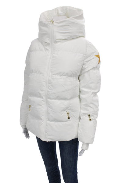 Designer Women Puffer Jacket White Zip Polyester Stars Long Sleeve Size M/L