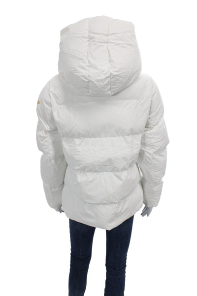 Designer Women Puffer Jacket White Zip Polyester Stars Long Sleeve Size M/L