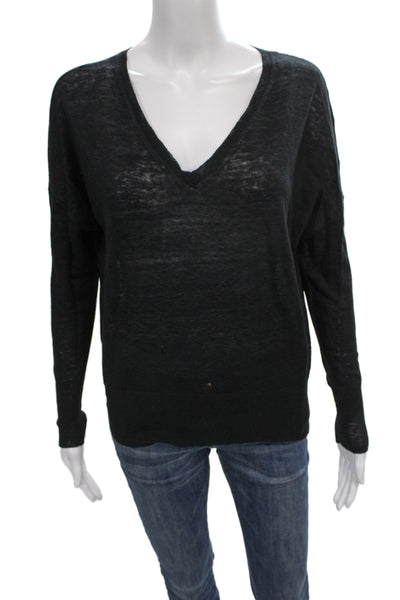 Nili Lotan Womens Black Linen V Neck Long Sleeve Pullover Sweater Size XS