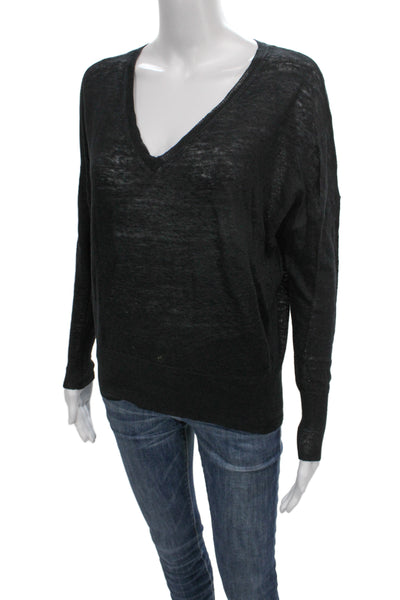 Nili Lotan Womens Black Linen V Neck Long Sleeve Pullover Sweater Size XS