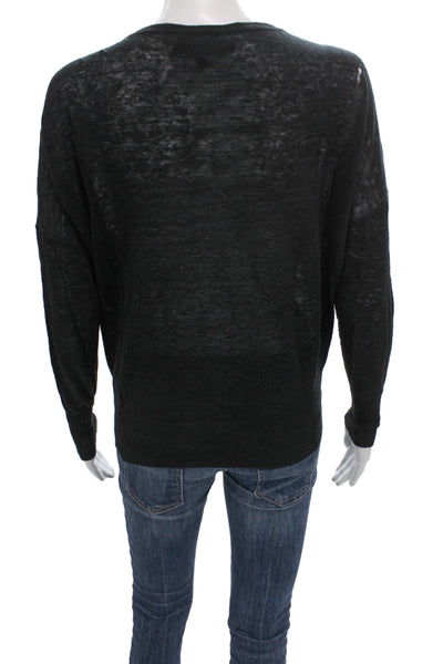 Nili Lotan Womens Black Linen V Neck Long Sleeve Pullover Sweater Size XS