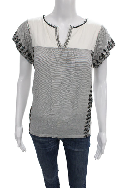 Weekend Max Mara Womens White Striped V Neck Cotton Short Sleeve Blouse Size L