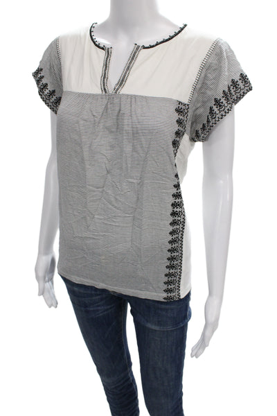 Weekend Max Mara Womens White Striped V Neck Cotton Short Sleeve Blouse Size L
