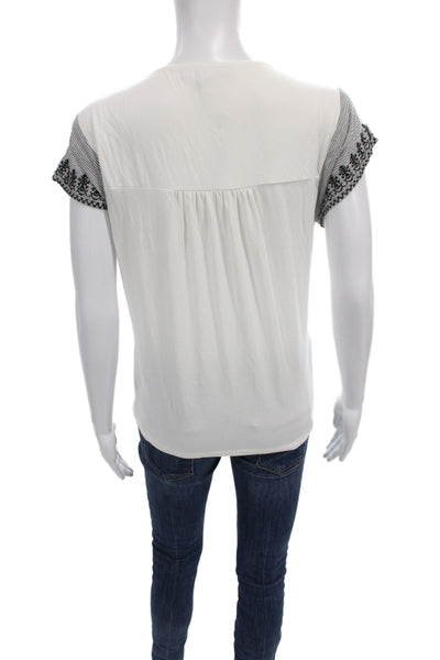 Weekend Max Mara Womens White Striped V Neck Cotton Short Sleeve Blouse Size L