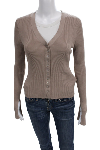 Zara Women Basic Button-Up V-Neck Long Sleeve Beige Viscose Size M