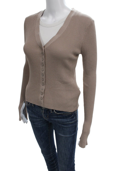 Zara Women Basic Button-Up V-Neck Long Sleeve Beige Viscose Size M