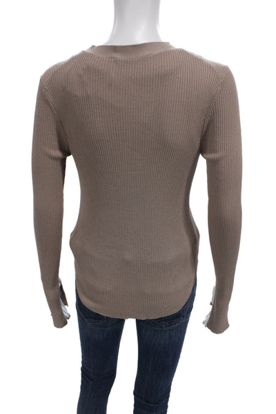 Zara Women Basic Button-Up V-Neck Long Sleeve Beige Viscose Size M