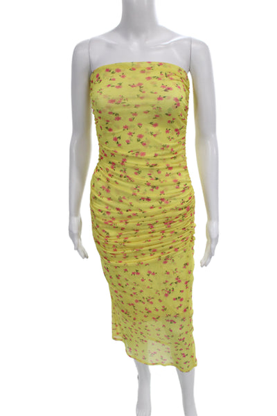 Resa Women Bodycon Strapless Yellow Floral Midi Dress Size XS