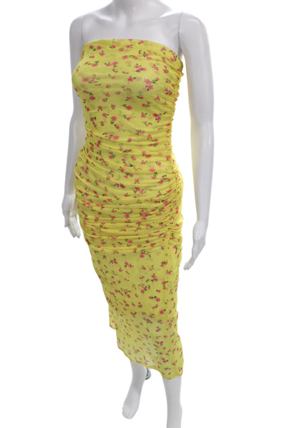 Resa Women Bodycon Strapless Yellow Floral Midi Dress Size XS