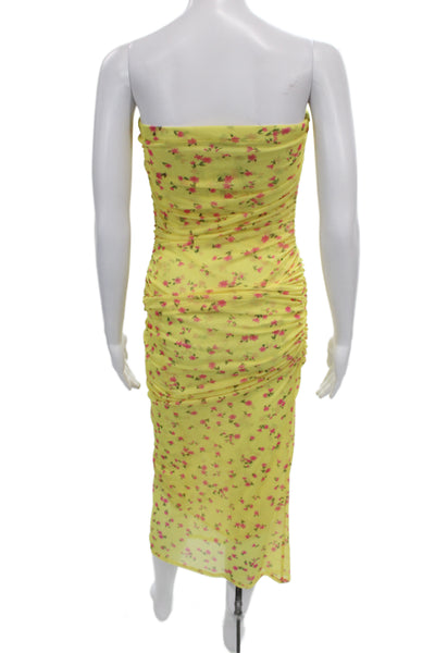 Resa Women Bodycon Strapless Yellow Floral Midi Dress Size XS