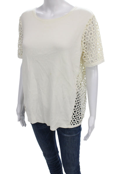 Lafayette 148 New York Womens Basic Ivory Cotton Short Sleeve T-Shirt Size L