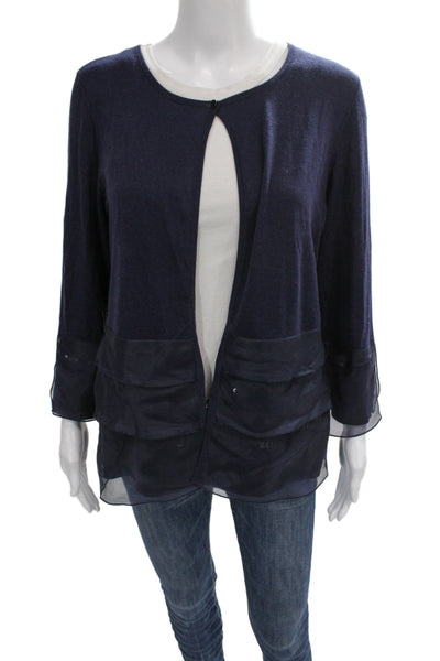 Rena Lange Womens Blue Button Cardigan Silk Cotton Cashmere Round Neck Size L