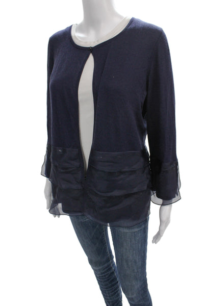 Rena Lange Womens Blue Button Cardigan Silk Cotton Cashmere Round Neck Size L