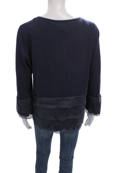 Rena Lange Womens Blue Button Cardigan Silk Cotton Cashmere Round Neck Size L