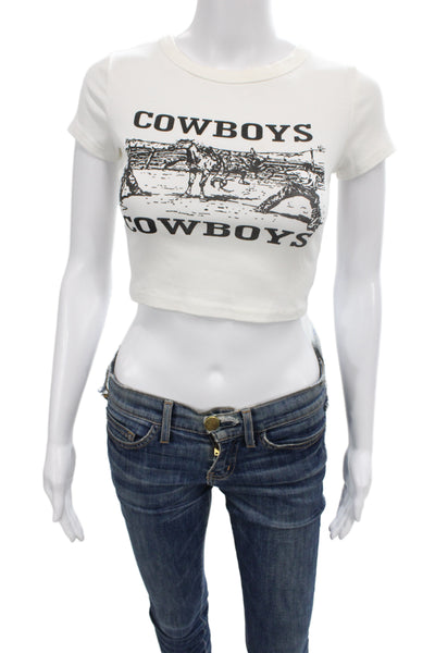 Designer Womens Cropped Cowboy Graphic T-Shirt White Cotton Size S