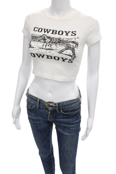 Designer Womens Cropped Cowboy Graphic T-Shirt White Cotton Size S