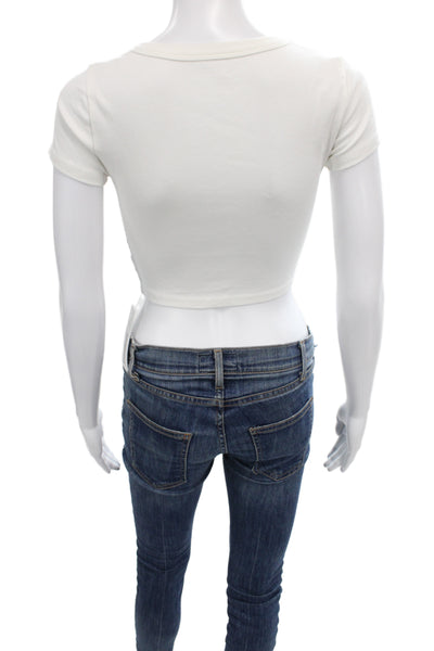 Designer Womens Cropped Cowboy Graphic T-Shirt White Cotton Size S