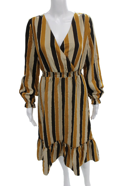 Sezane Women Wrap Dress Brown Striped V Neck Long Sleeve Midi Viscose Size 40