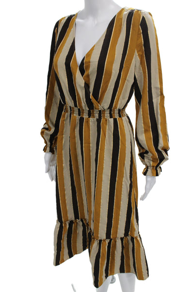 Sezane Women Wrap Dress Brown Striped V Neck Long Sleeve Midi Viscose Size 40