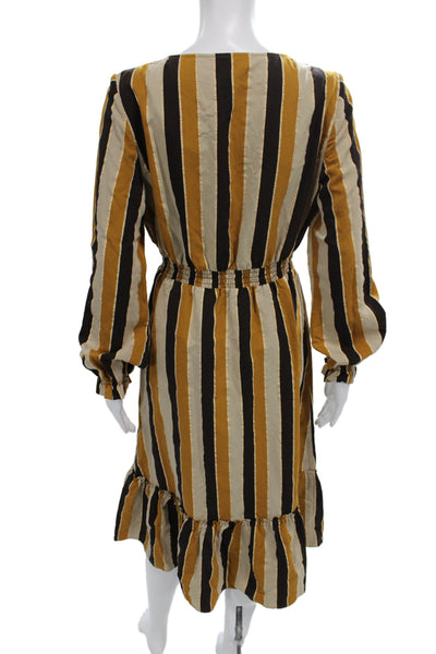 Sezane Women Wrap Dress Brown Striped V Neck Long Sleeve Midi Viscose Size 40
