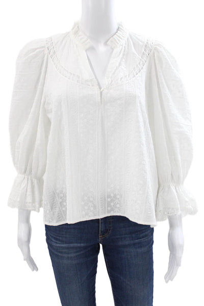 Maje Womens Floral V-Neck Cotton Long Sleeve Blouse Button White Size 2