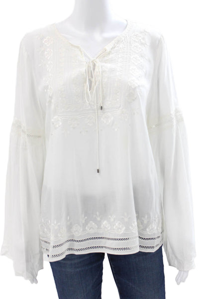 Parker Women Tunic Blouse White Floral V-Neck Long Sleeve Rayon Tie Size M