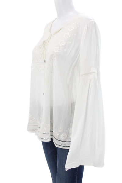 Parker Women Tunic Blouse White Floral V-Neck Long Sleeve Rayon Tie Size M