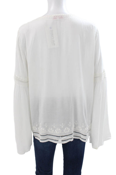 Parker Women Tunic Blouse White Floral V-Neck Long Sleeve Rayon Tie Size M