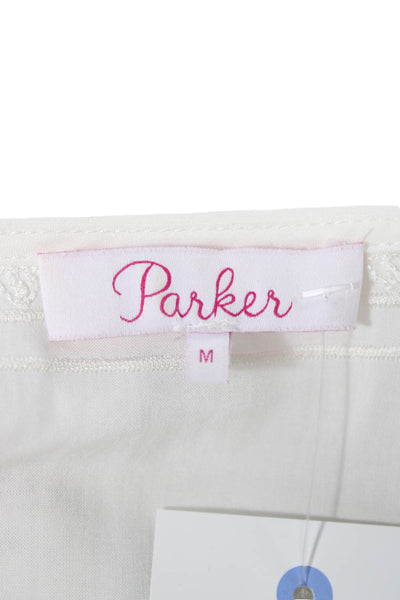 Parker Women Tunic Blouse White Floral V-Neck Long Sleeve Rayon Tie Size M