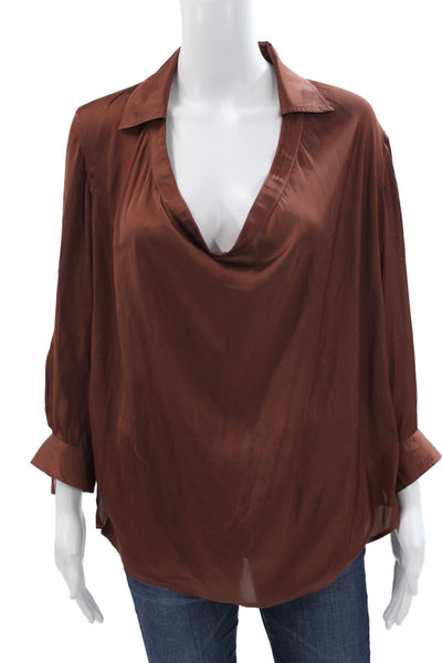 Vince Womens Collared Brown Polyester Basic Blouse Long Sleeve Size 6