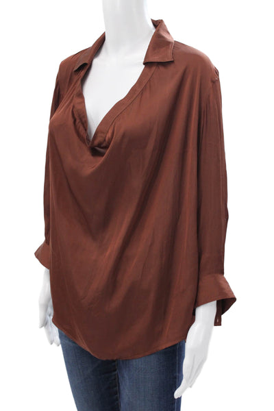 Vince Womens Collared Brown Polyester Basic Blouse Long Sleeve Size 6