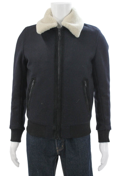 The Kooples Mens Bomber Jacket Blue Wool Acrylic Zip Closure Size L