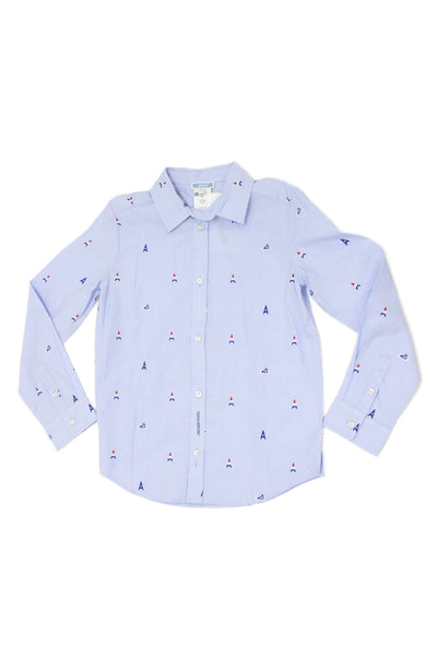 Jacadi Boys Cotton Graphic Print Collar Long Sleeve Dress Shirt Blue Size 10