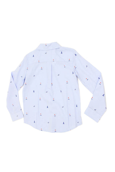 Jacadi Boys Cotton Graphic Print Collar Long Sleeve Dress Shirt Blue Size 10