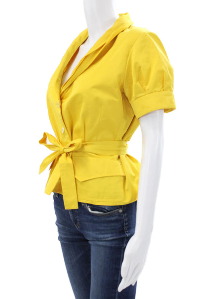Lida Baday Womens Collared Button Short Sleeve Yellow Poly Blend Blouse Size 6