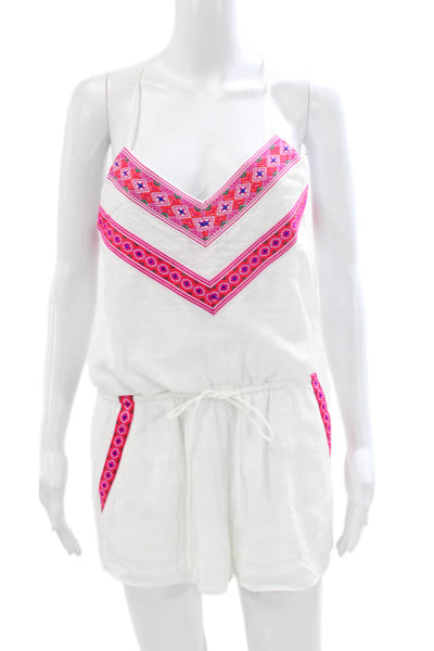 Saylor Women Romper White V-Neck Bohemian Drawstring Sleeveless Size S