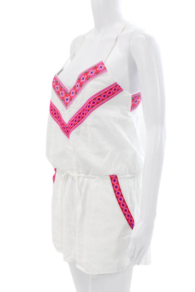 Saylor Women Romper White V-Neck Bohemian Drawstring Sleeveless Size S