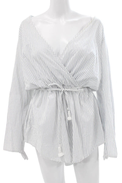 Faithfull The Brand Womens White Striped VNeck Long Sleeve Jumpsuit Size 6